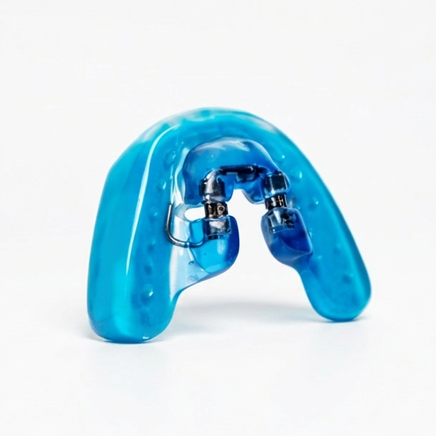 ApnoDent blue oral appliance showing internal adjustment mechanism