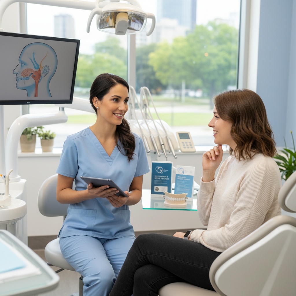 Dental professional consulting with patient about orthodontic treatment options in modern dental office