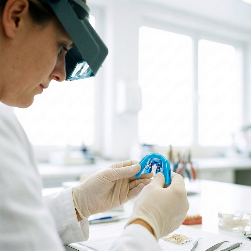 Technician inspecting with loupes